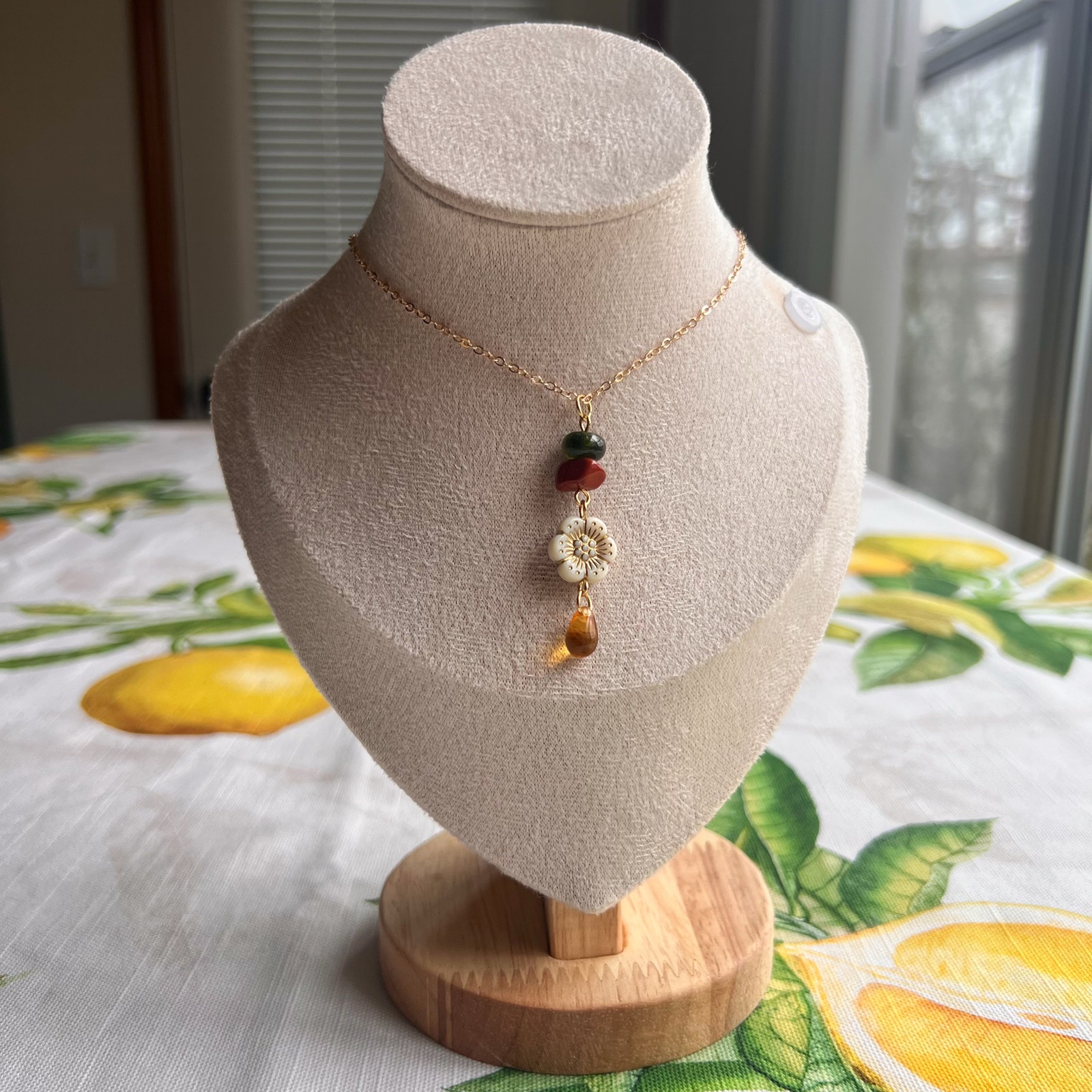 Floral Flower Forest Green Jade Red Jasper Apricot Czech Glass Casual Necklace